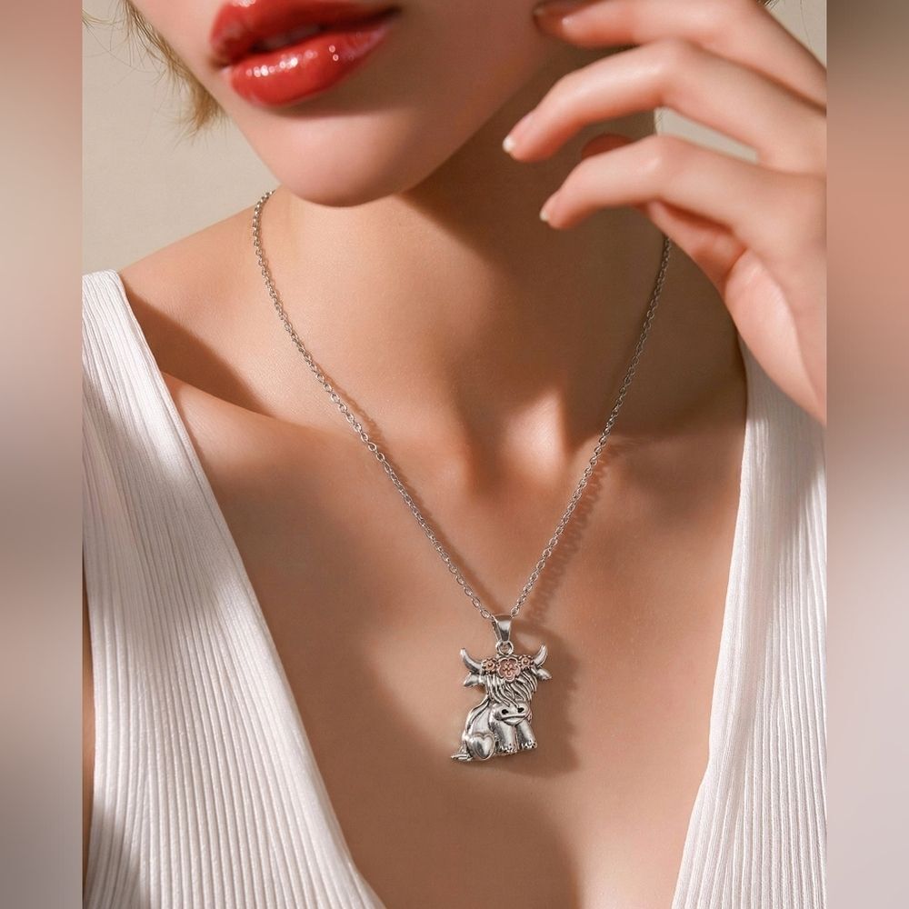 Highland Cow Necklace Cottagecore Cute Floral Charm Cozy Girl Whimcial Jewelry